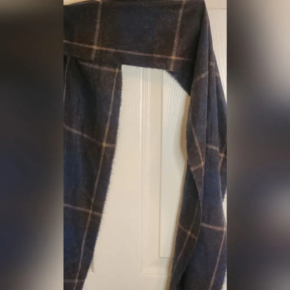 Geoffrey Beene Cashme Brown Navy Plaid Fringe Acrylic Scarf Shawl Italy 66x12.5”
